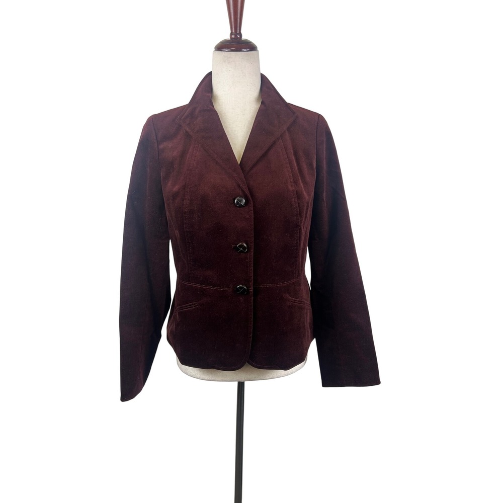 Talbots Burgundy Velvet Blazer Button Leather Buttons Women's Size 8P Petite